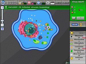 Screenshot of Cellcraft - My cell under attack by viruses. Note the various organelles as well as the use of ATP, nucleic acids, amino acids, fatty acids, and glucose as resources.